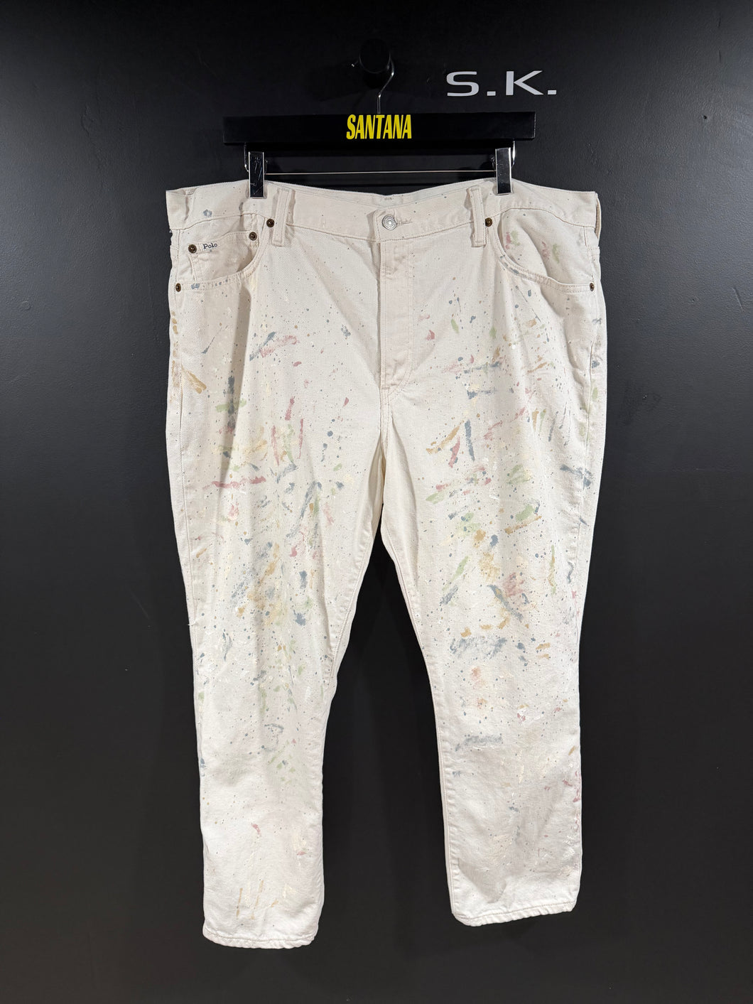 2010s Vintage Polo Ralph Lauren Paint Splatter Cream Wide Cropped Denim Jeans