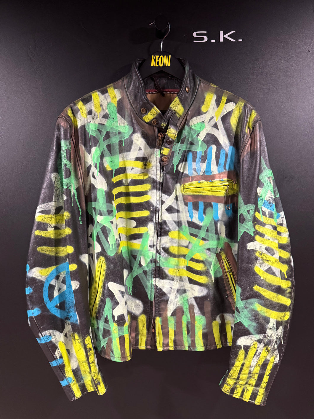 1960s Vintage Leathercraft Custom Hand Painted Punk Graffiti Art Leather Cafe Racer Motorcycle Jacket Size 50