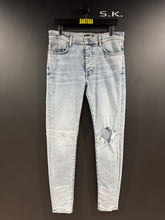 Load image into Gallery viewer, Amiri Faded Blue Distressed Knee Blowout Stacked Denim Jeans 34x33
