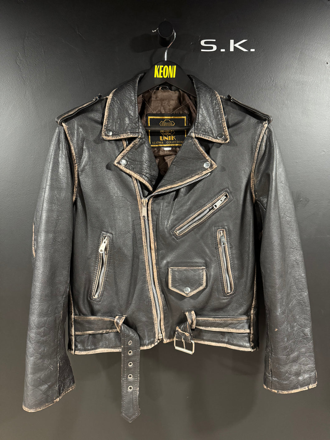 1990s Vintage UNIK Leather Collections Distressed Faded Leather Motorcycle Jacket 42